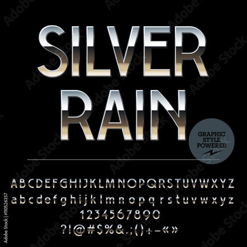 Vector set of shiny silver alphabet letters, numbers and punctuation symbols. Art Deco style