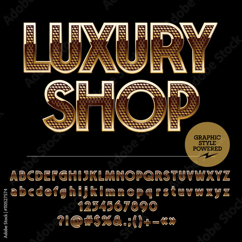 Golden border and pattern chic logotype for luxury shop. Vector set of alphabet letters, numbers and punctuation symbols
