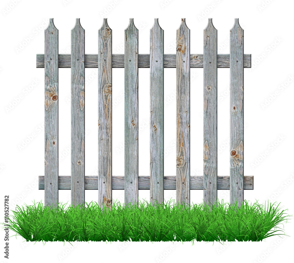 Fototapeta premium Old gray wooden fence on the lawn