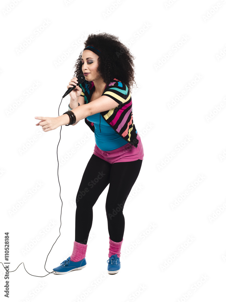 view of a female singer with hand raised. view of a female singer with hand raised.