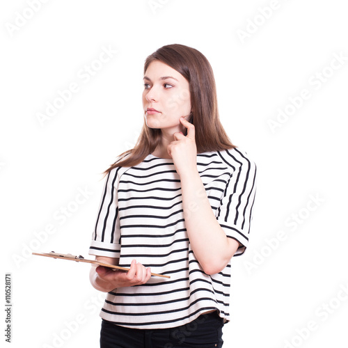 Business woman write on clipboard
