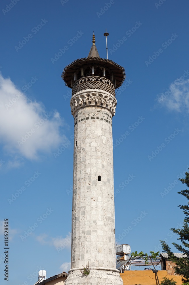 Minaret of historical Habibi Neccar Mosque in Antakya (Hatay) Turkey