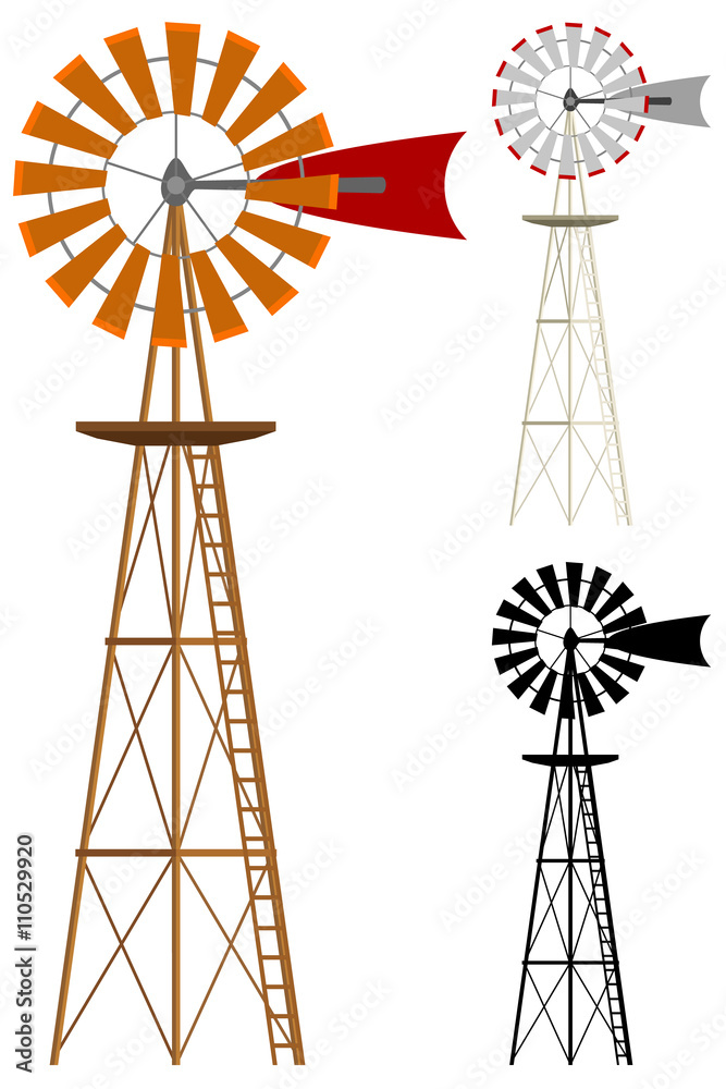 Vector illustration of a windmill in two color variations and silhouette. - obrazy, fototapety, plakaty 