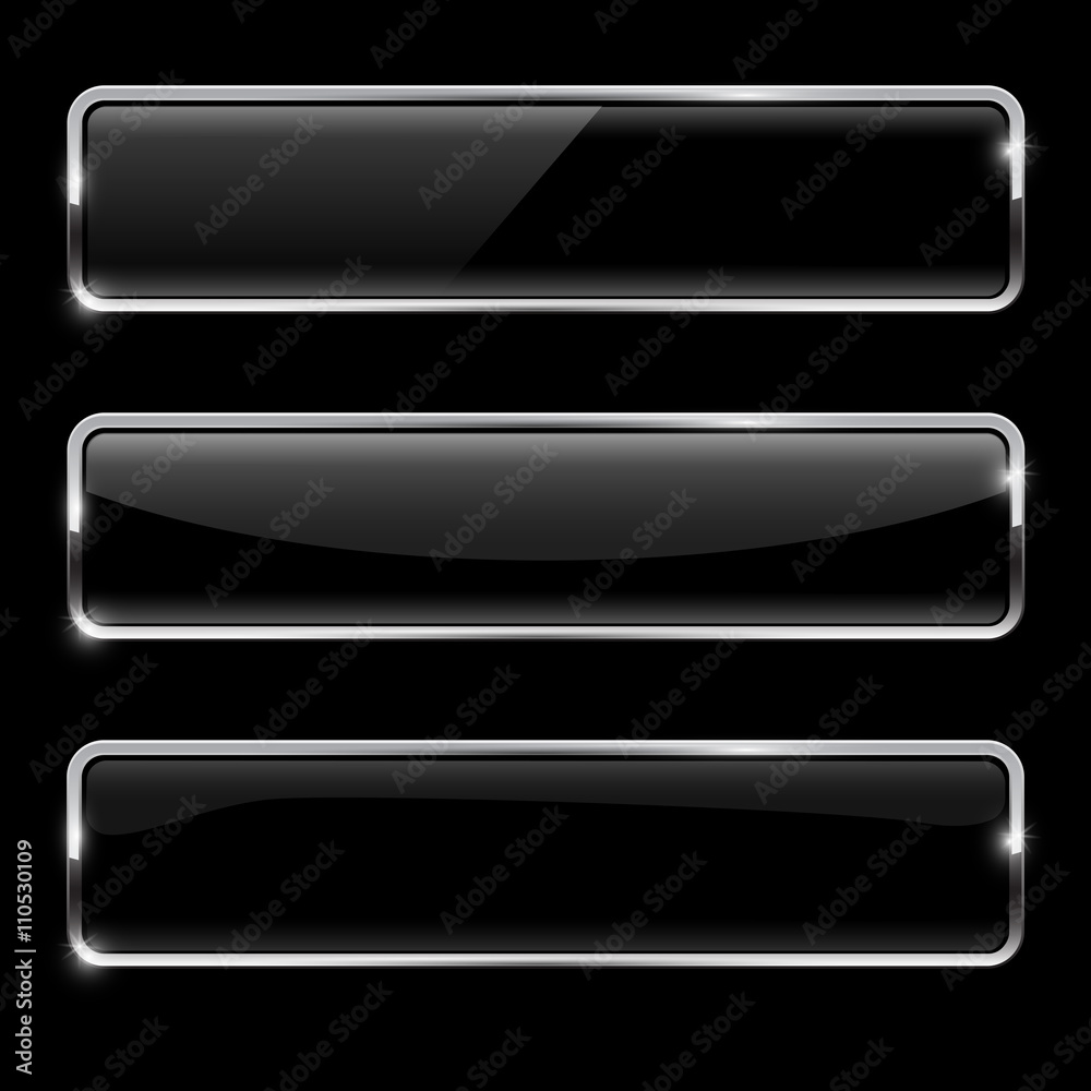 Black buttons with chrome frame. Glossy rectangular buttons Black buttons with chrome frame. Glossy rectangular buttons
