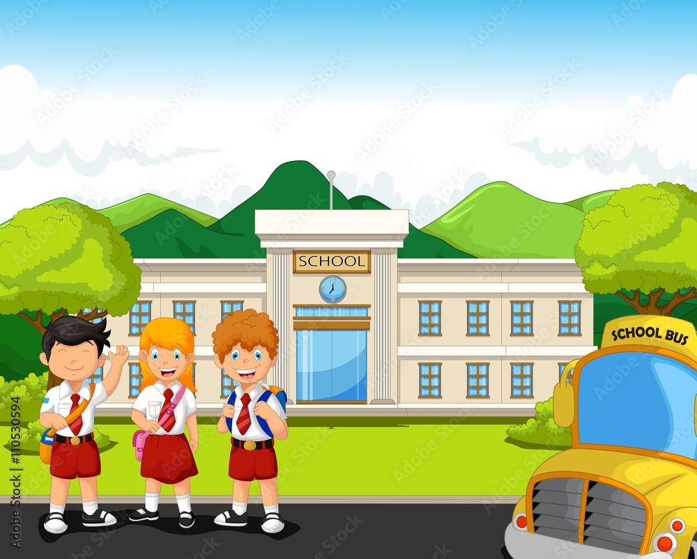 funny three student cartoon in front of school with bus school landscape background