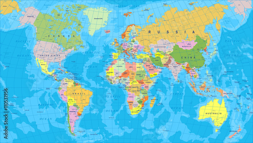 Naklejka Kolorowe mapa świata - granice, kraje i miasta - ilustracja Bardzo szczegółowe kolorowych ilustracji wektorowych mapy świata.