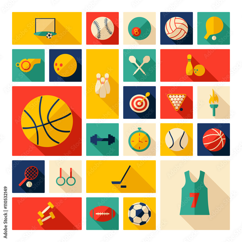 Flat concept, design with shadow, sports icons