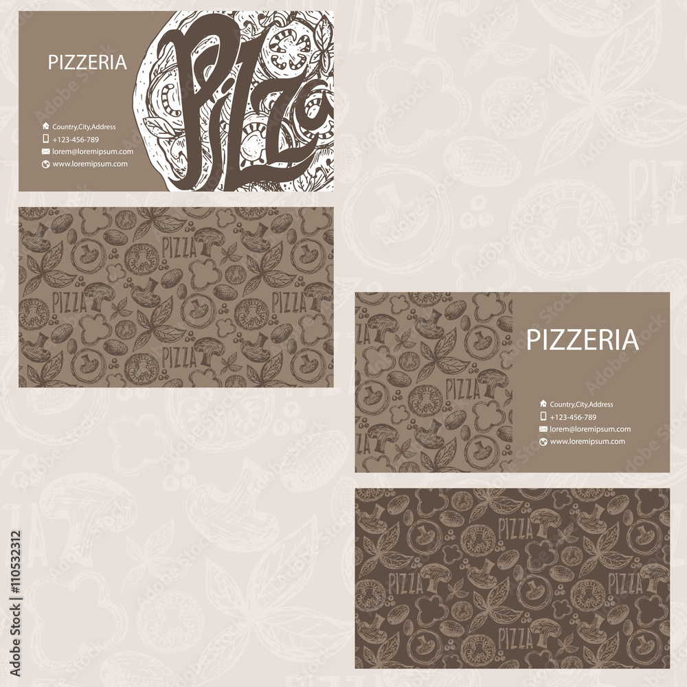 Hand drawn business card template for Pizzeria business . Vector