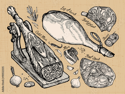 fresh meat. set of vector sketch elements hand-drawn. vector illustration