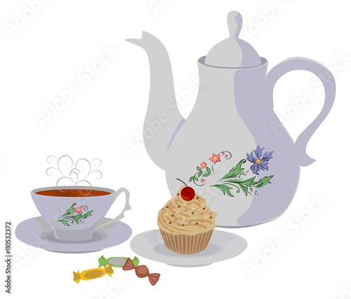 Teapot and Cup with tea and cake. Vector isolated objects.