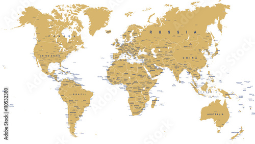Golden World Map - borders, countries, cities and globes - illustrationHighly detailed vector illustration of world map.