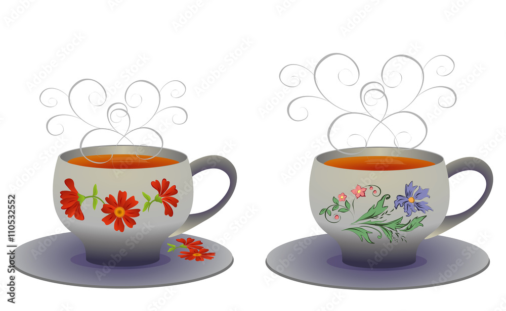 Vector illustration of whites Cups with flower pattern.