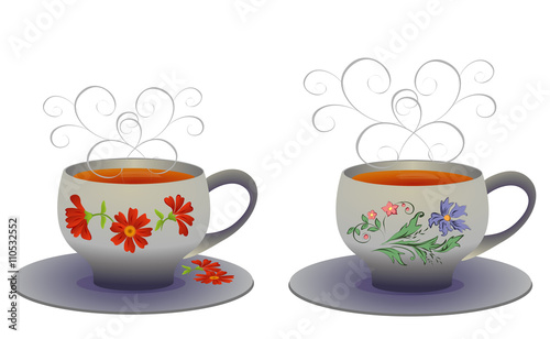 Vector illustration of whites Cups with flower pattern.