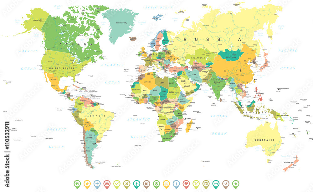 Naklejka Kolorowe mapy świata i ikony nawigacji - ilustracja Bardzo szczegółowe kolorowych ilustracji wektorowych mapy świata.