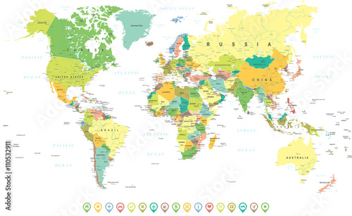 Colored World Map and Navigation Icons - illustration      Highly detailed colored vector illustration of world map.  