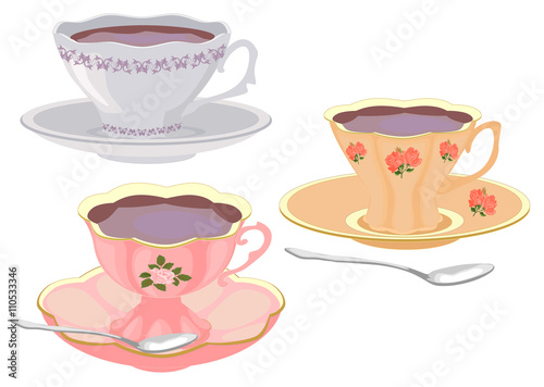 Vector set of cups of tea in vintage style.