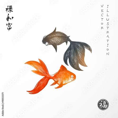 Two little goldfishes on white background