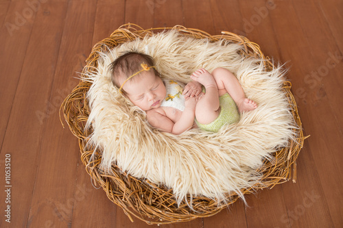 sleeping newborn baby in a basket