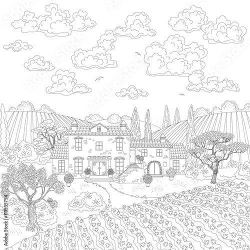 Cartoon contoured landscape with house, trees and clouds.
