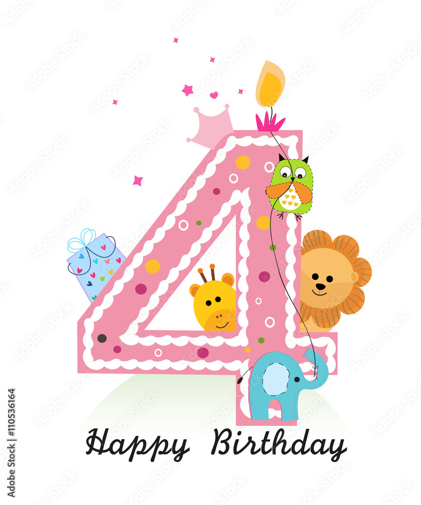 Obraz premium Happy fourth birthday with animals baby girl greeting card vector