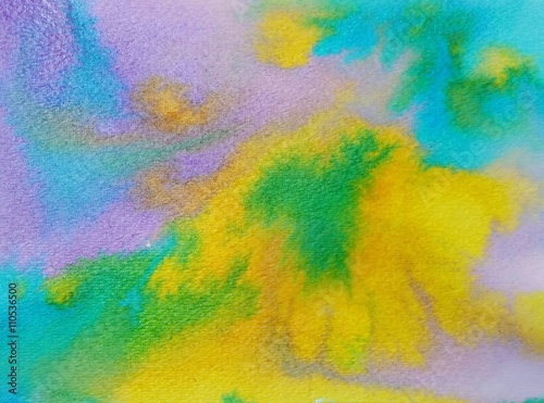 Hand painted abstract watercolor in blue  green  yellow and purple