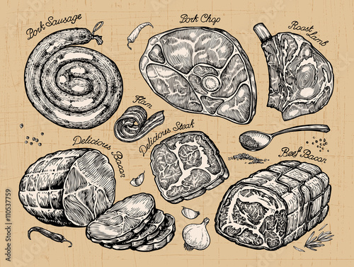 meat. set sketch food. vector illustration