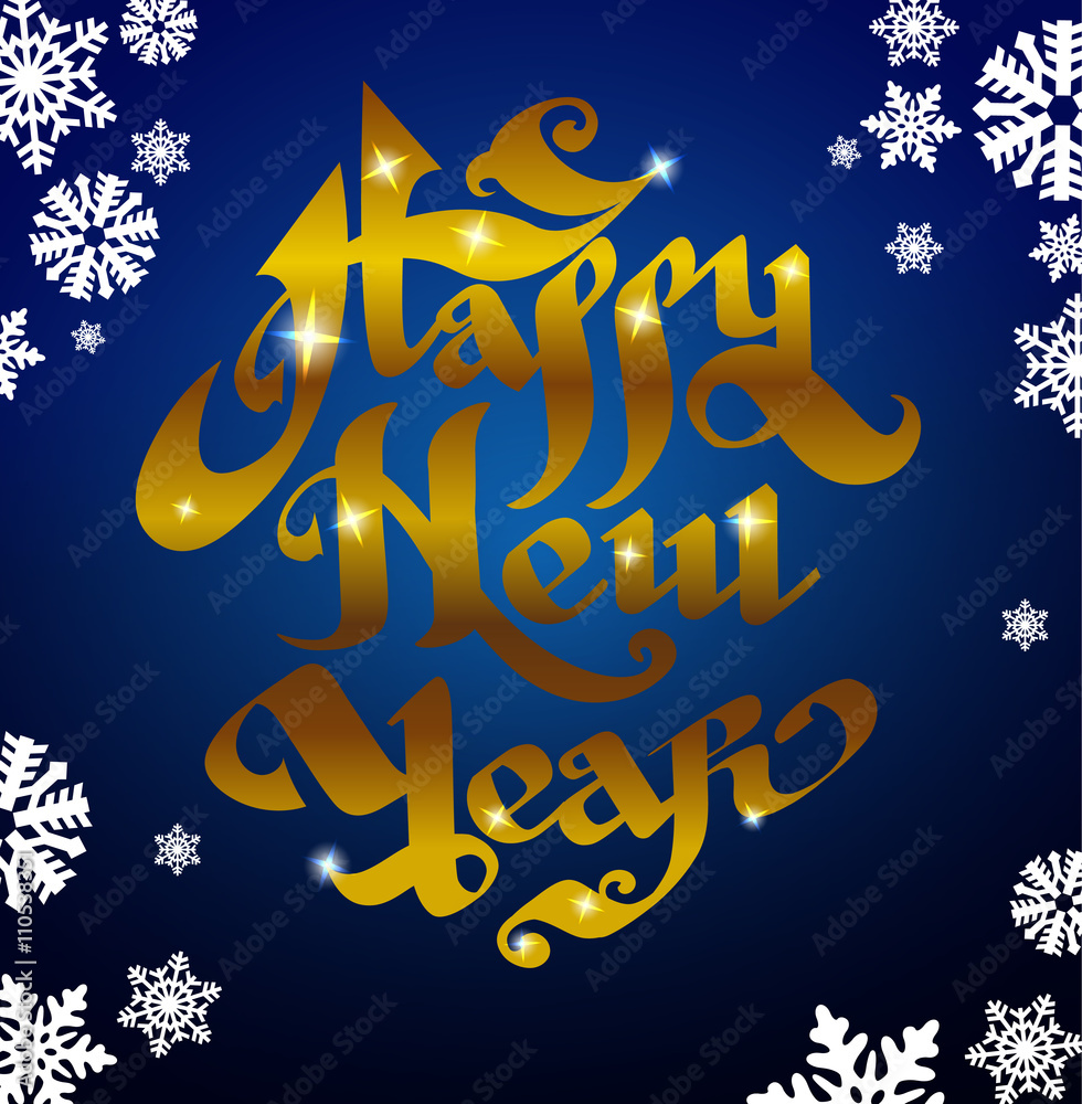 new year banner with golden text, snowflakes on dark blue background