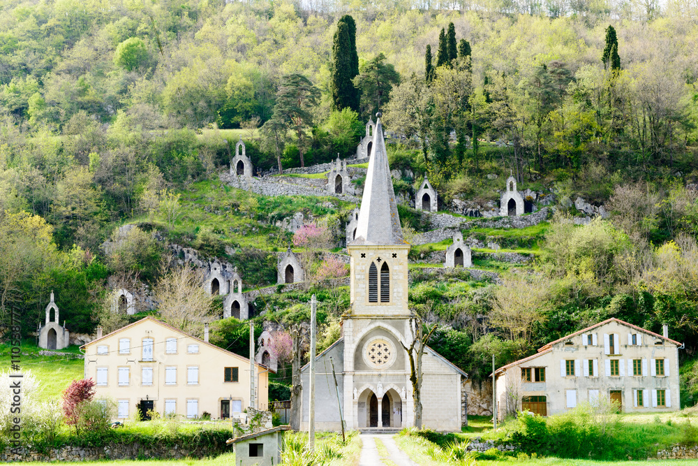 small church at the base of the mountain, Ariege France