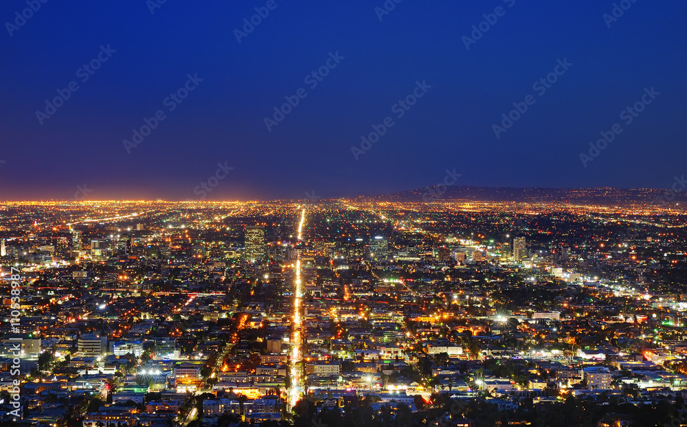 View of Los Angeles skyline at night