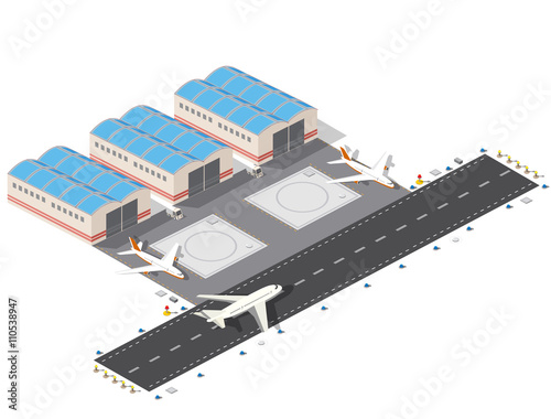 Isometric map of the city airport, the trees and the flight of construction and building, terminal, planes and cars vector illustration.