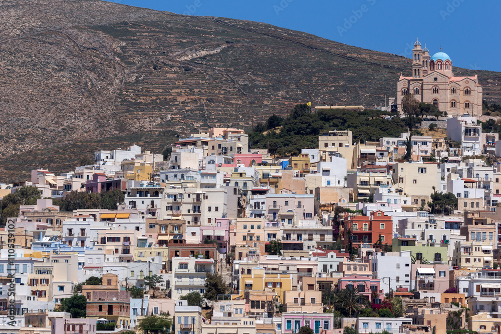 Saint George Roman Catholic Cathedral and panorama to Ermopoli town of Ermopoli, Syros, Cyclades Islands, Greece 