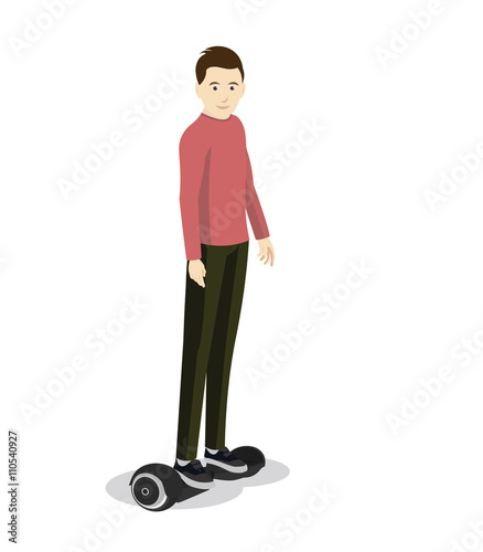 Man on a two wheels hoverboard cartoon character. Vector flat design isolated.