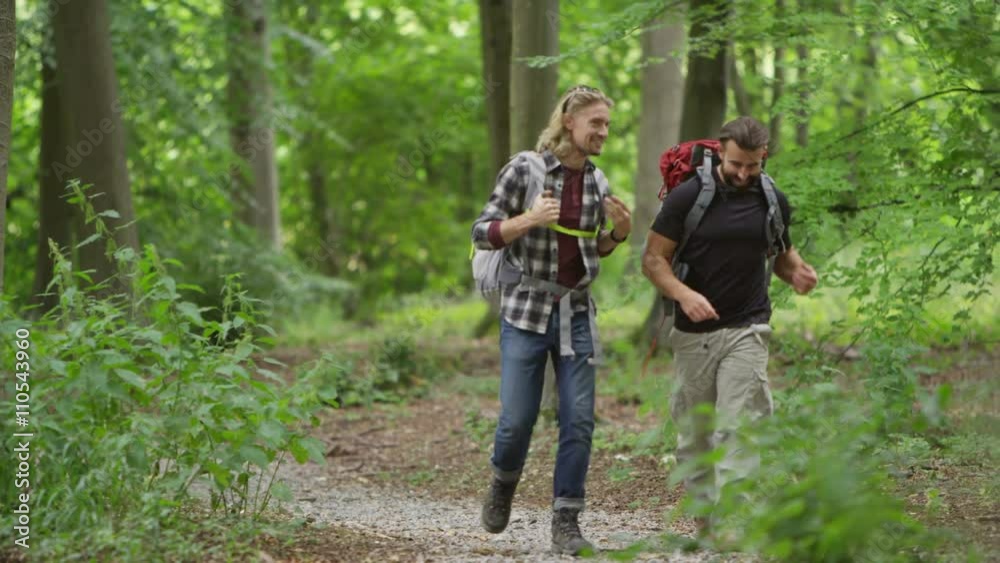 Cheerful male friends hiking in the woods, chatting as they walk. Cheerful male friends hiking in the woods, chatting as they walk.