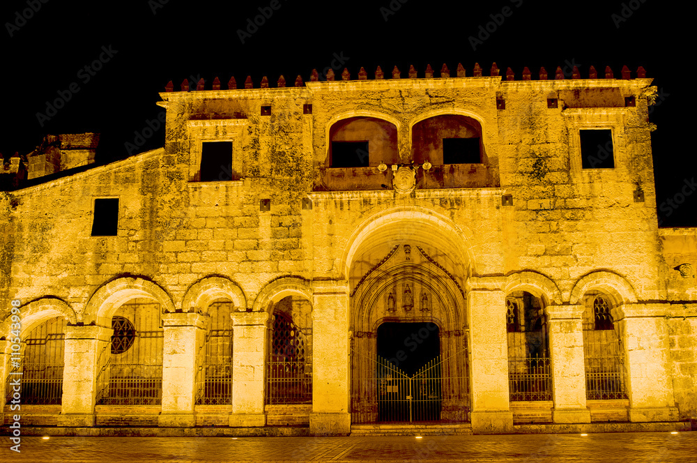 Night View of the Ancient Cathedral of Santa Maria la Menor in the Colonial Zone of Santo Domingo, Dominican Republic.