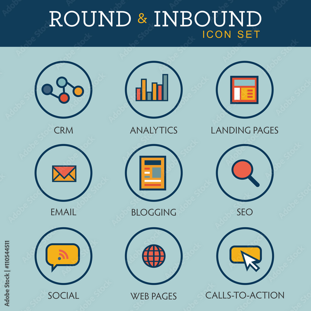 Inbound Marketing Graphic with Blogging, Web Pages, Social, Call to Action or CTA, email, landing page, analytics or reporting, and CRM vector icons Inbound Marketing Graphic with Blogging, Web Pages, Social, Call to Action or CTA, email, landing page, analytics or reporting, and CRM vector icons
