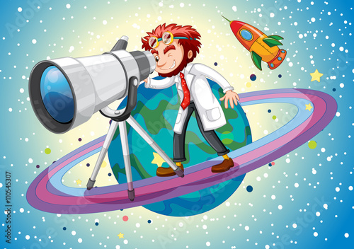 Scientist with giant telescope