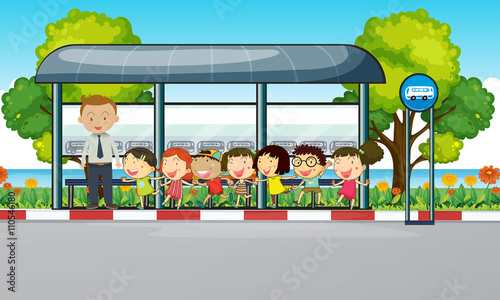Teacher and children waiting for bus