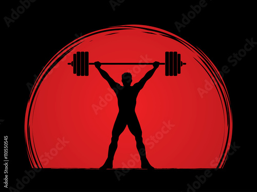 Weight Lifting silhouette, designed on sunset background graphic vector.