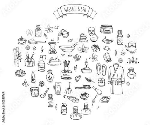 Hand drawn doodle Massage and Spa icons set Vector illustration relaxing symbols collection Cartoon beauty care concept elements health care Wellness treatment Body massage Lifestyle Skin care Spa