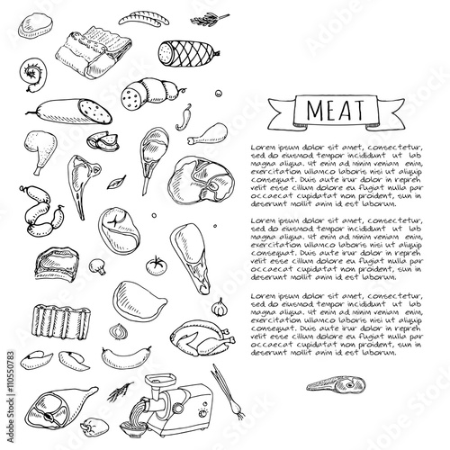Hand drawn doodle set of cartoon different kind of meat and poultry Meat set Vector illustration Sketchy meat elements collection Lamb Pork Ham Mince Chicken Steak Bacon Sausage Salami Delicatessen