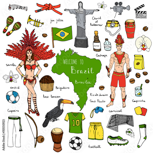 Hand drawn doodle Welcome to Brazil set Vector illustration Sketchy Brazilian traditional icons Cartoon Brazil typical elements collection Landmark Football ball cleats goal Capoeira Samba Orchid
