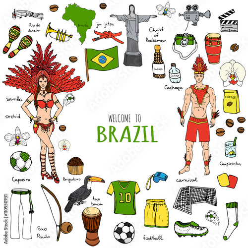 Hand drawn doodle Welcome to Brazil set Vector illustration Sketchy Brazilian traditional icons Cartoon Brazil typical elements collection Landmark Football ball cleats goal Capoeira Samba Orchid