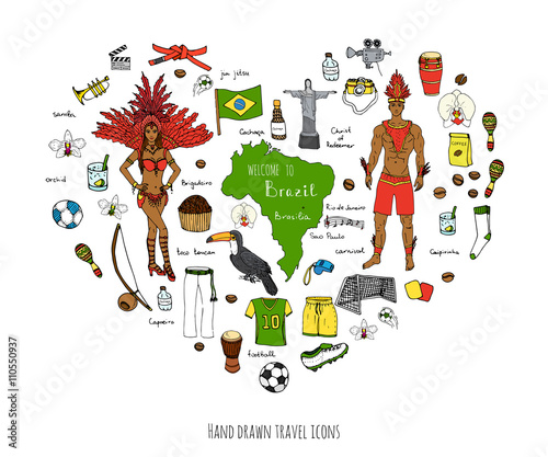 Hand drawn doodle Welcome to Brazil set Vector illustration Sketchy Brazilian traditional icons Cartoon Brazil typical elements collection Landmark Football ball cleats goal Capoeira Samba Orchid