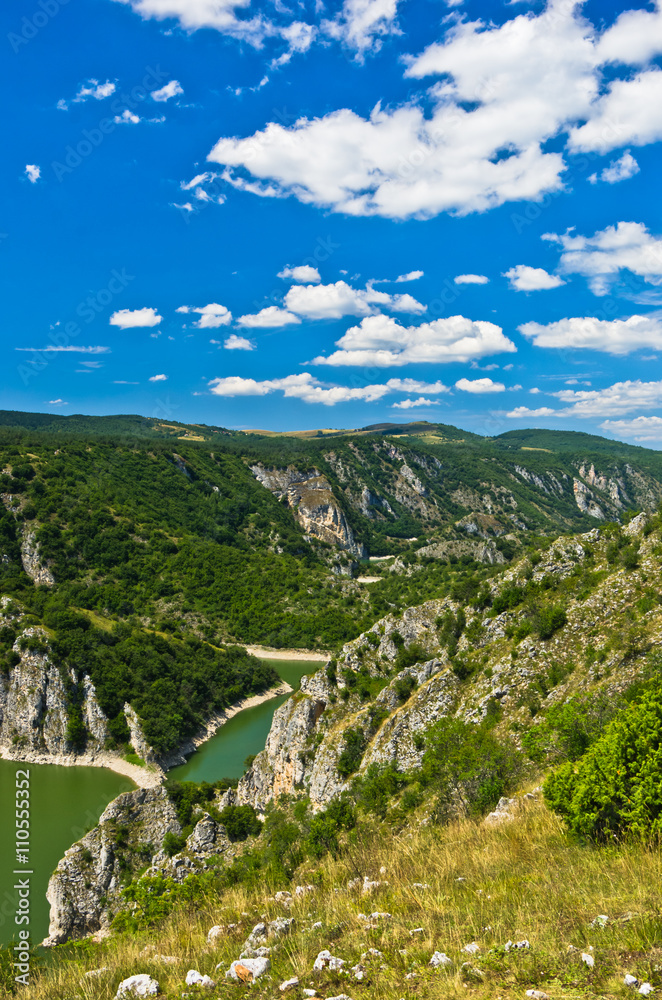 Meanders at rocky river Uvac gorge on sunny morning, southwest Serbia