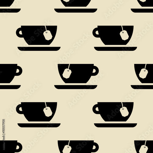 Icono plano patrón con taza de te sobre fondo beige