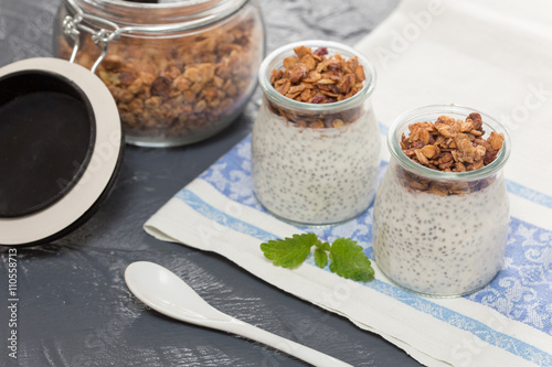 chia seed pudding with granola in a glass jar