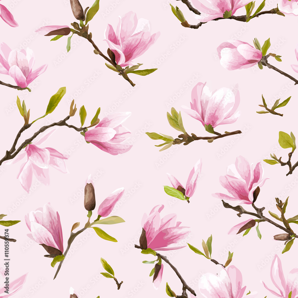 Fototapeta premium Seamless Floral Pattern. Magnolia Flowers and Leaves Background.