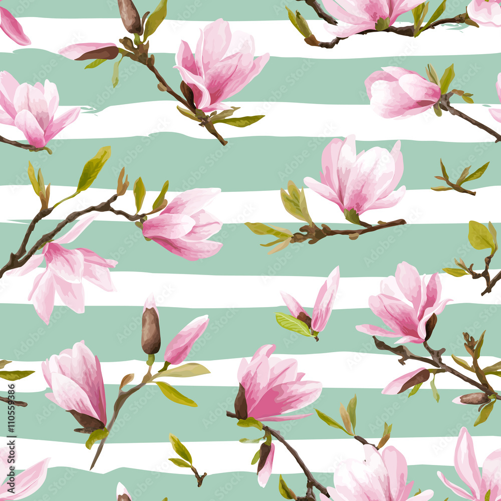 Naklejka premium Seamless Floral Pattern. Magnolia Flowers and Leaves Background.