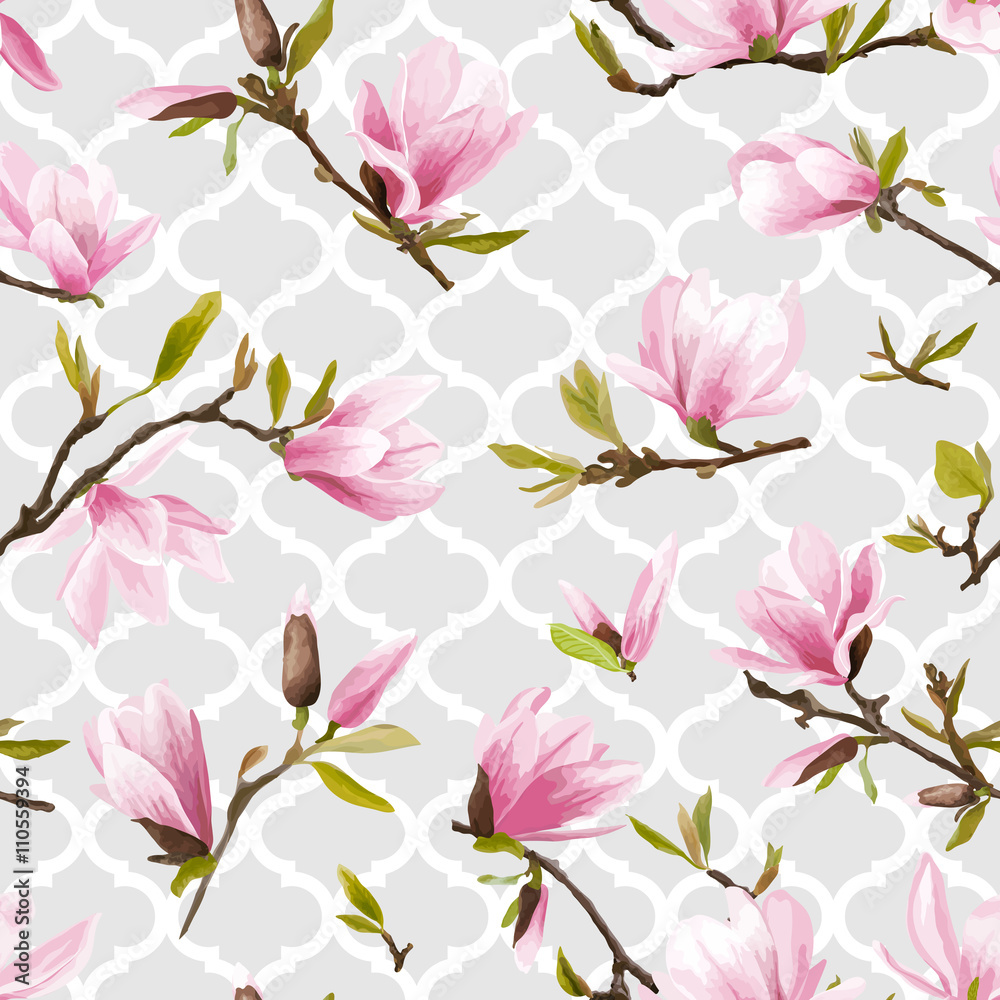Naklejka premium Seamless Floral Pattern. Magnolia Flowers and Leaves Background.