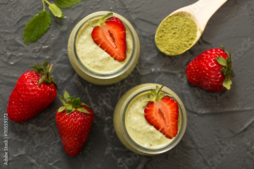 Matcha green tea chia seed pudding  dessert with fresh mint and